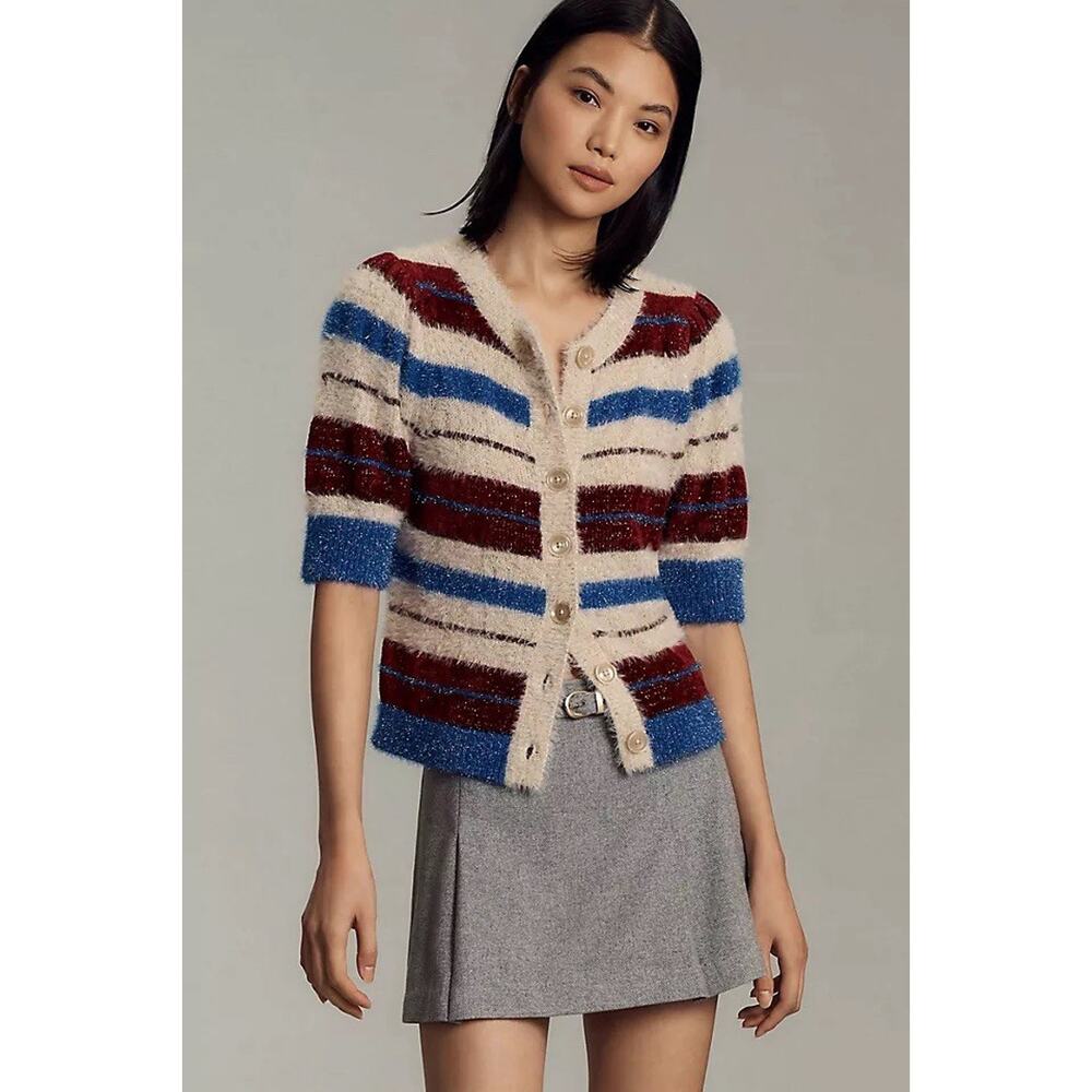 Maeve Anthropologie Short Sleeve Cardigan Sweater Womens LARGE Red Blue Sparkle